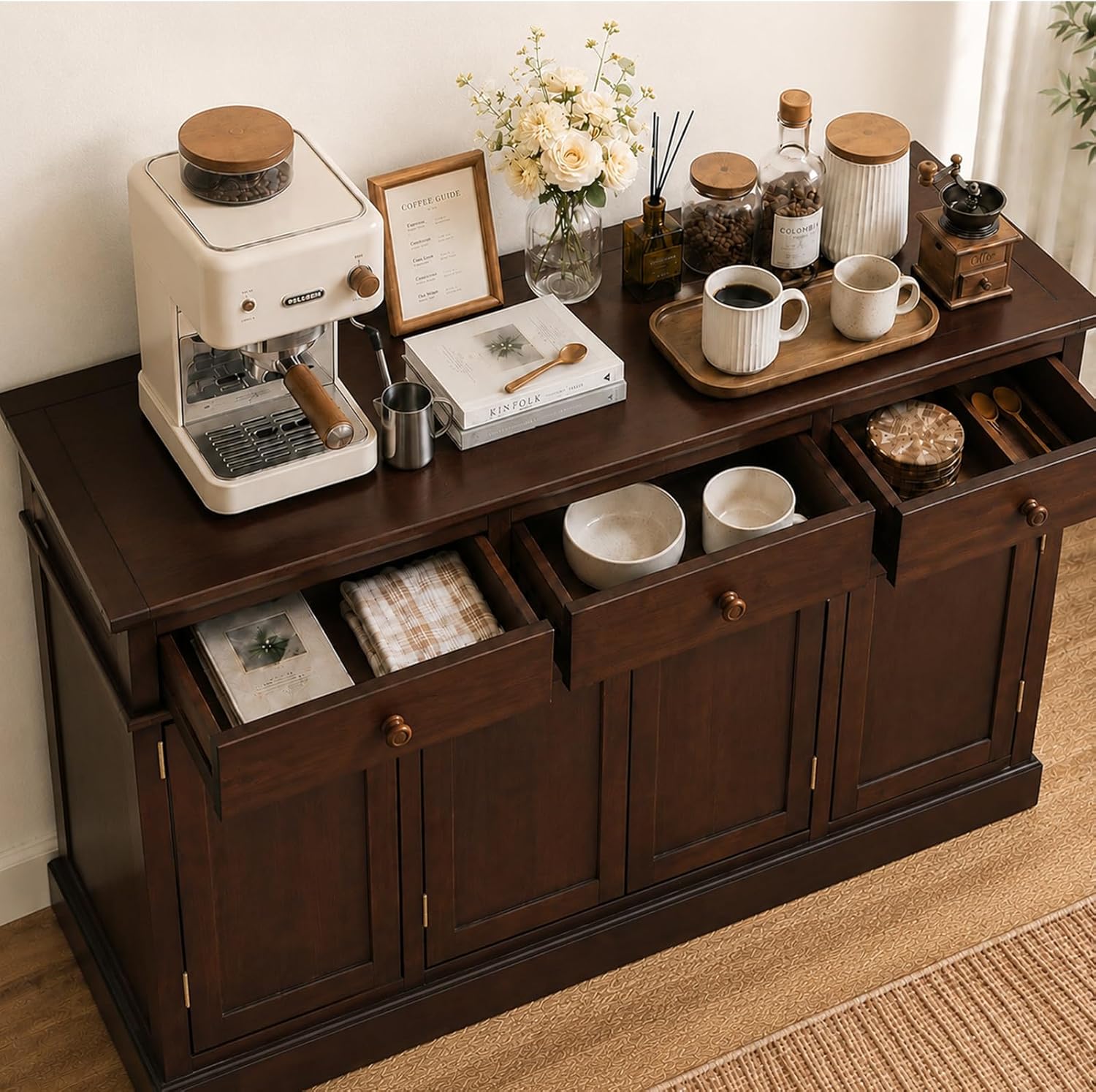 60 Inch Sideboard Buffet Cabinet with Storage, Farmhouse Credenza with 4 Doors and 3 Drawers, Wood Kitchen Coffee Bar with Adjustable Shelves for Dining Room, Living Room (Walnut)
