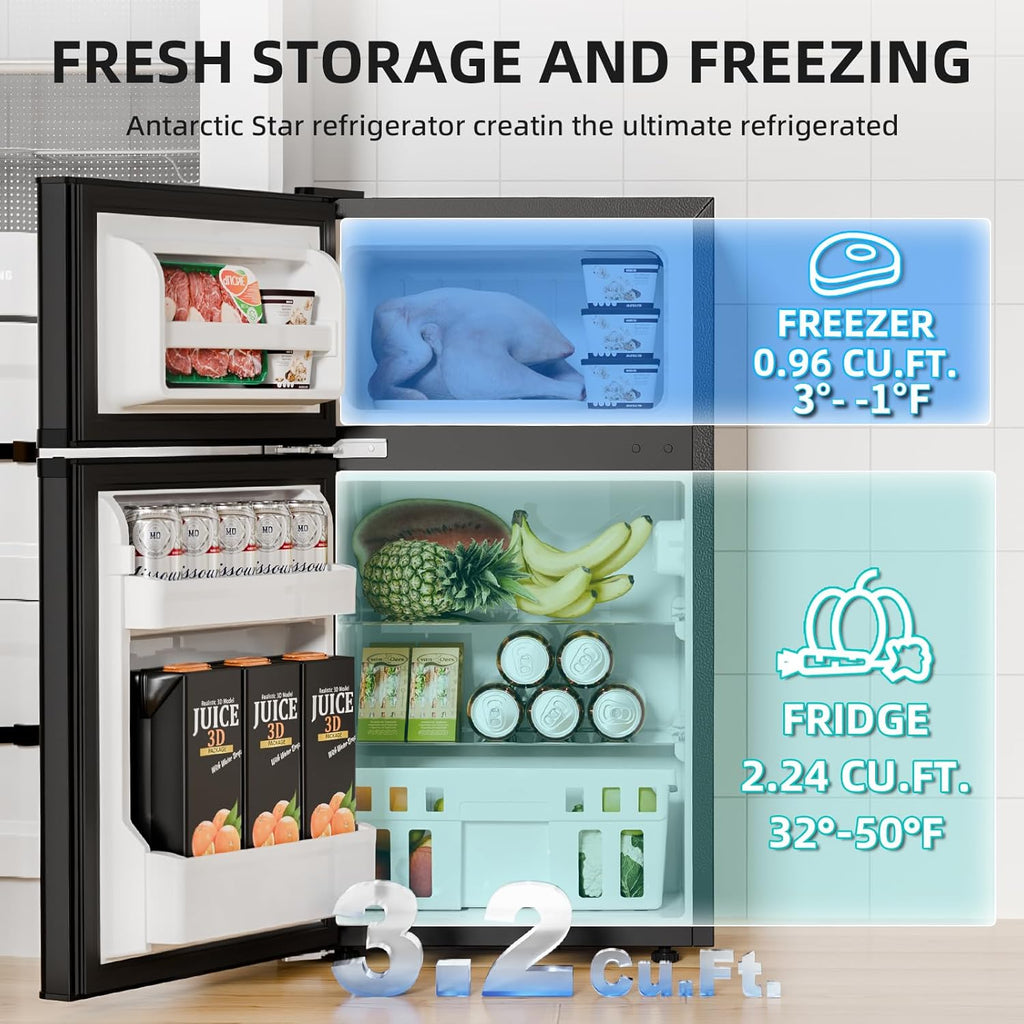 Antarctic Star Compact Refrigerator with Freezer,2 Door Mini Fridge,Adjustable Shelf,Small Fridge for Bedroom Office Dorm Kitchen,3.2 Cu.Ft.BLACK