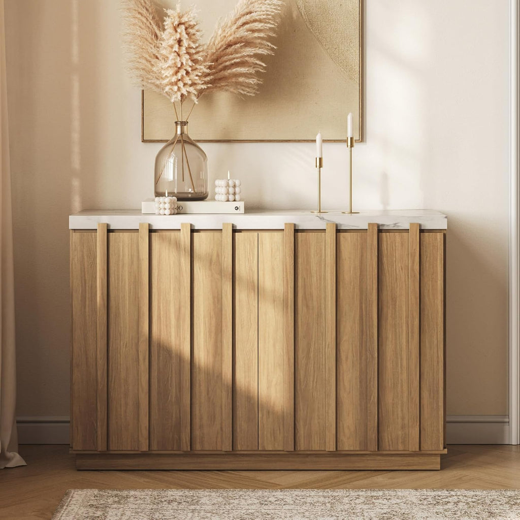 BELLEZE 47" Fluted Sideboard Buffet Cabinet, Modern Credenza with Faux Marble Top, Wood Coffee Bar Accent Storage Cabinet with Adjustable Shelves for Kitchen, Dining Room, Living Room, Camel