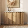 BELLEZE 47" Fluted Sideboard Buffet Cabinet, Modern Credenza with Faux Marble Top, Wood Coffee Bar Accent Storage Cabinet with Adjustable Shelves for Kitchen, Dining Room, Living Room, Camel