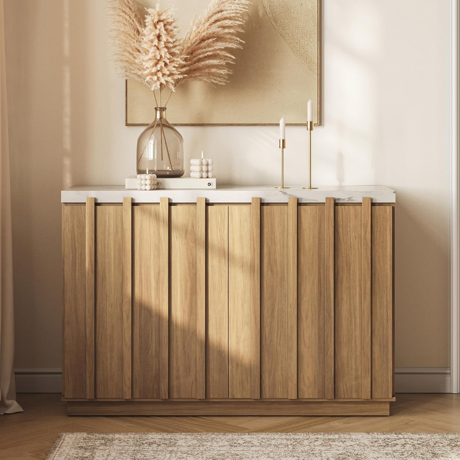BELLEZE 47" Fluted Sideboard Buffet Cabinet, Modern Credenza with Faux Marble Top, Wood Coffee Bar Accent Storage Cabinet with Adjustable Shelves for Kitchen, Dining Room, Living Room, Camel