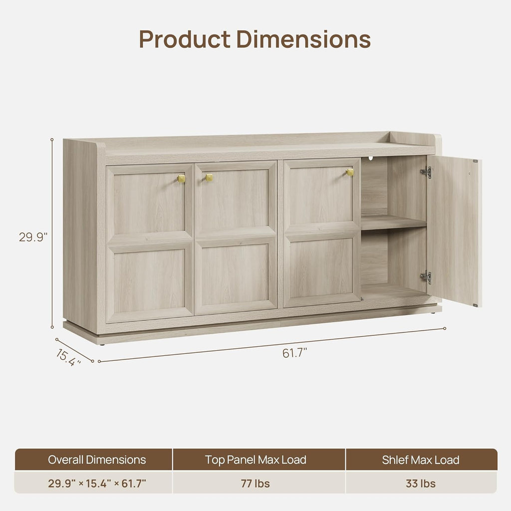 SICOTAS 61.7" Wide 4-Door Buffet Cabinet, Extra Long Sideboard with 2 Separate Bays & Adjustable Shelves, Modern Credenza Storage Cabinet with Gold Handle for Kitchen Living Room, Grey White Oak,1 PCS