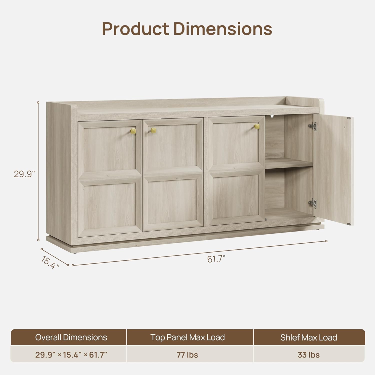 SICOTAS 61.7" Wide 4-Door Buffet Cabinet, Extra Long Sideboard with 2 Separate Bays & Adjustable Shelves, Modern Credenza Storage Cabinet with Gold Handle for Kitchen Living Room, Grey White Oak,1 PCS