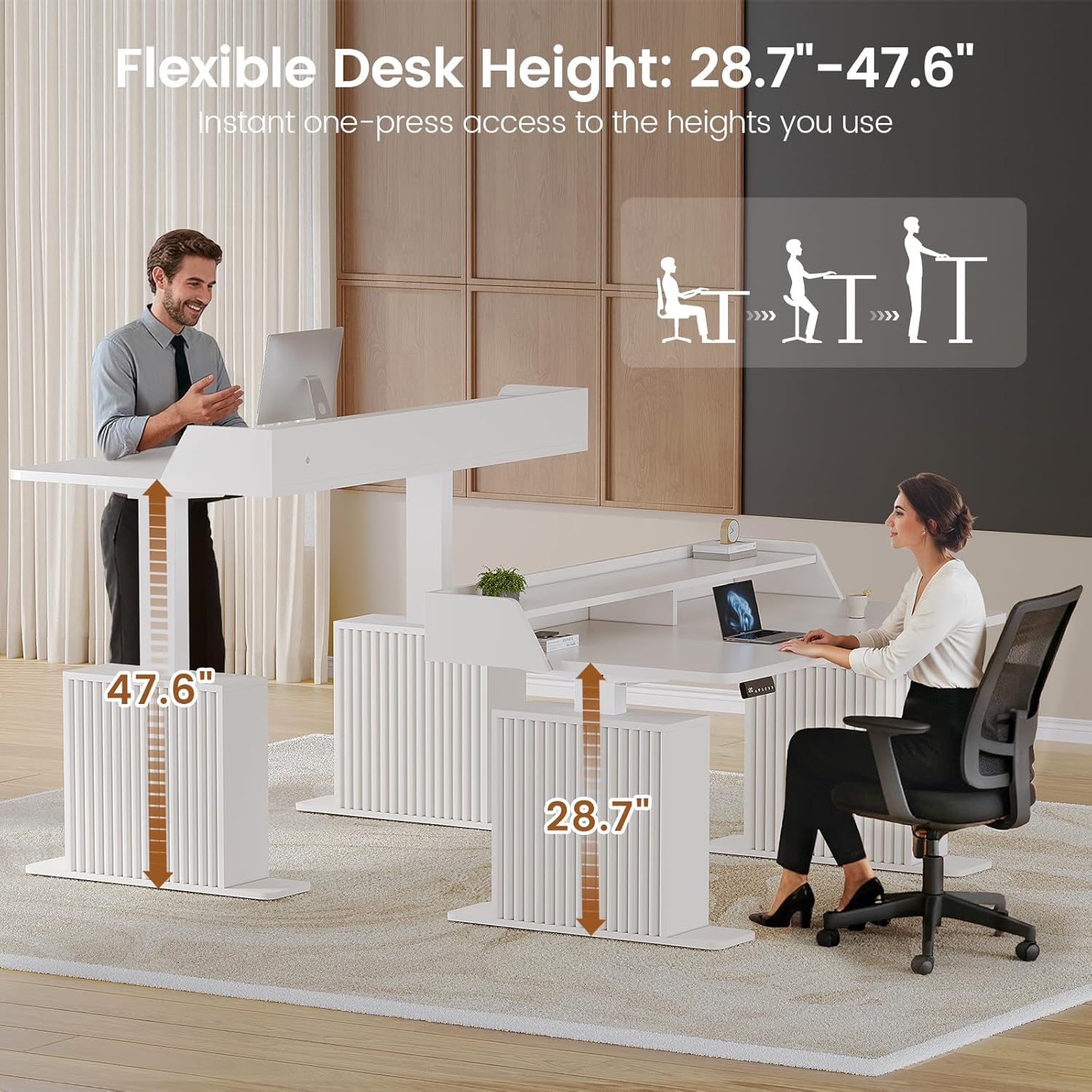 SEDETA Standing Desk with Storage, 55" Fluted Stand Up Desk with Power Outlets & LED Lights, Height Adjustable Table with Monitor Shelf for Home Office, Gaming, White