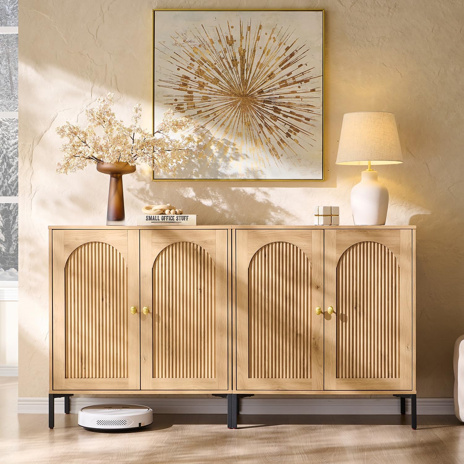 IFGET Modern Buffet Cabinet with Storage, 61.75" W Fluted Arched Sideboard Cabinet w/Adjustable Shelves, Wooden Modular Coffee Bar for Dining Room, Kitchen, Living Room, Entryway, Natural
