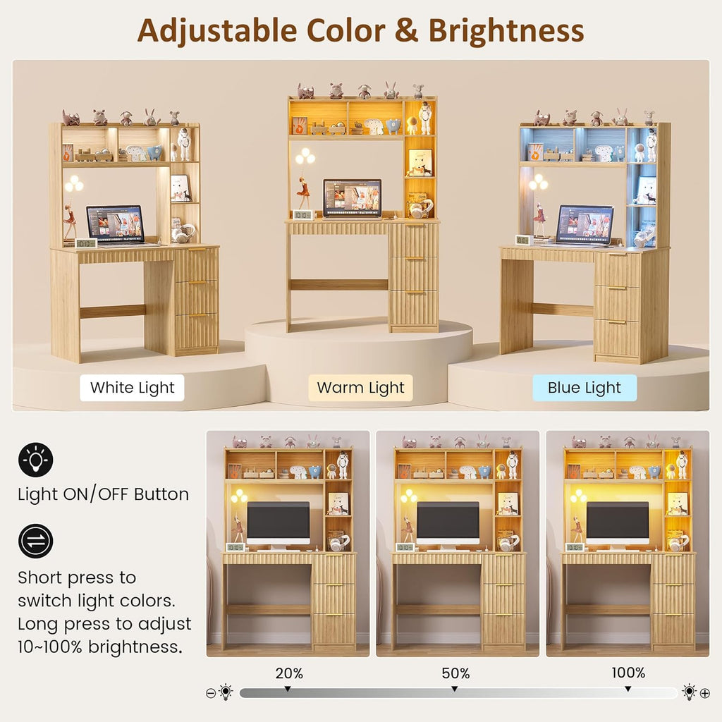 Gurexl 40'' Home Office Desk - with Hutch and 3 Color LED Lights,Computer Desk with Drawers, Power Outlet & USB Charging Station,Modern Writing Study Table with Storage Shelve for Bedroom,Natural
