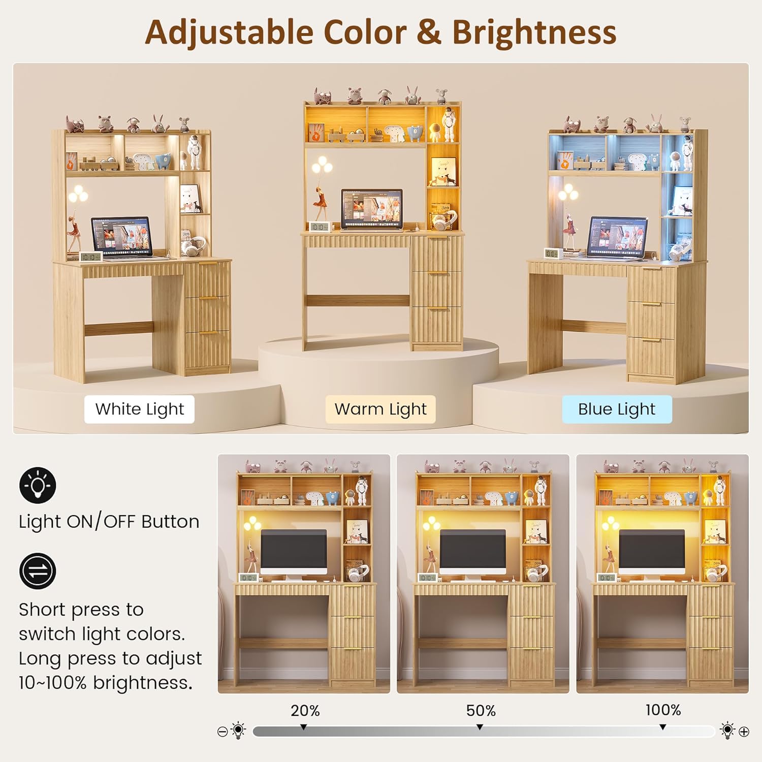Gurexl 40'' Home Office Desk - with Hutch and 3 Color LED Lights,Computer Desk with Drawers, Power Outlet & USB Charging Station,Modern Writing Study Table with Storage Shelve for Bedroom,Natural