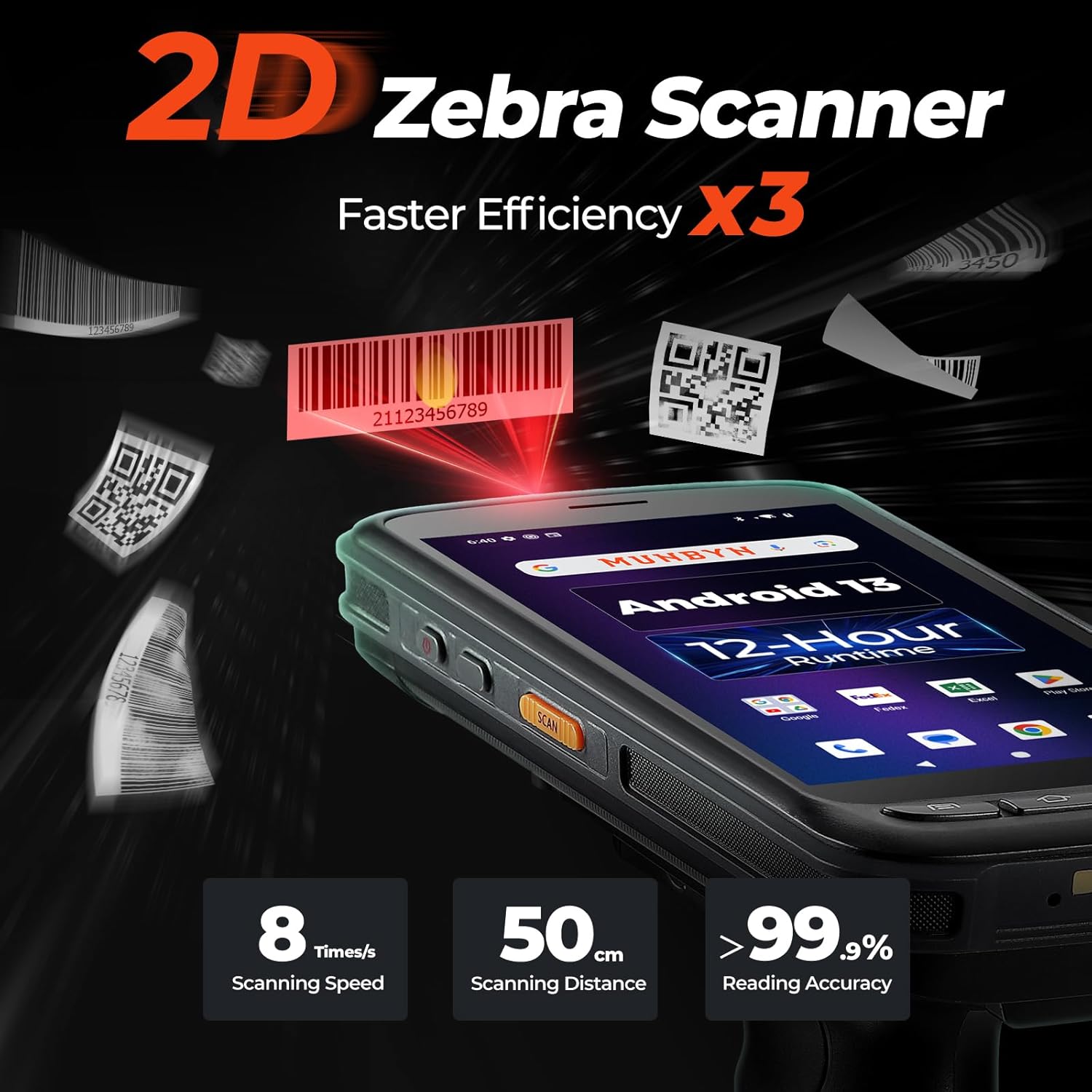 MUNBYN Android Barcode Scanner Full Screen, 8000mAh Mobile Computer, 1D/2D QR Zebra SE4710 Engine, Handheld Android 13, PDA for WMS, 4G Wi-Fi Inventory Bar Code Scanner