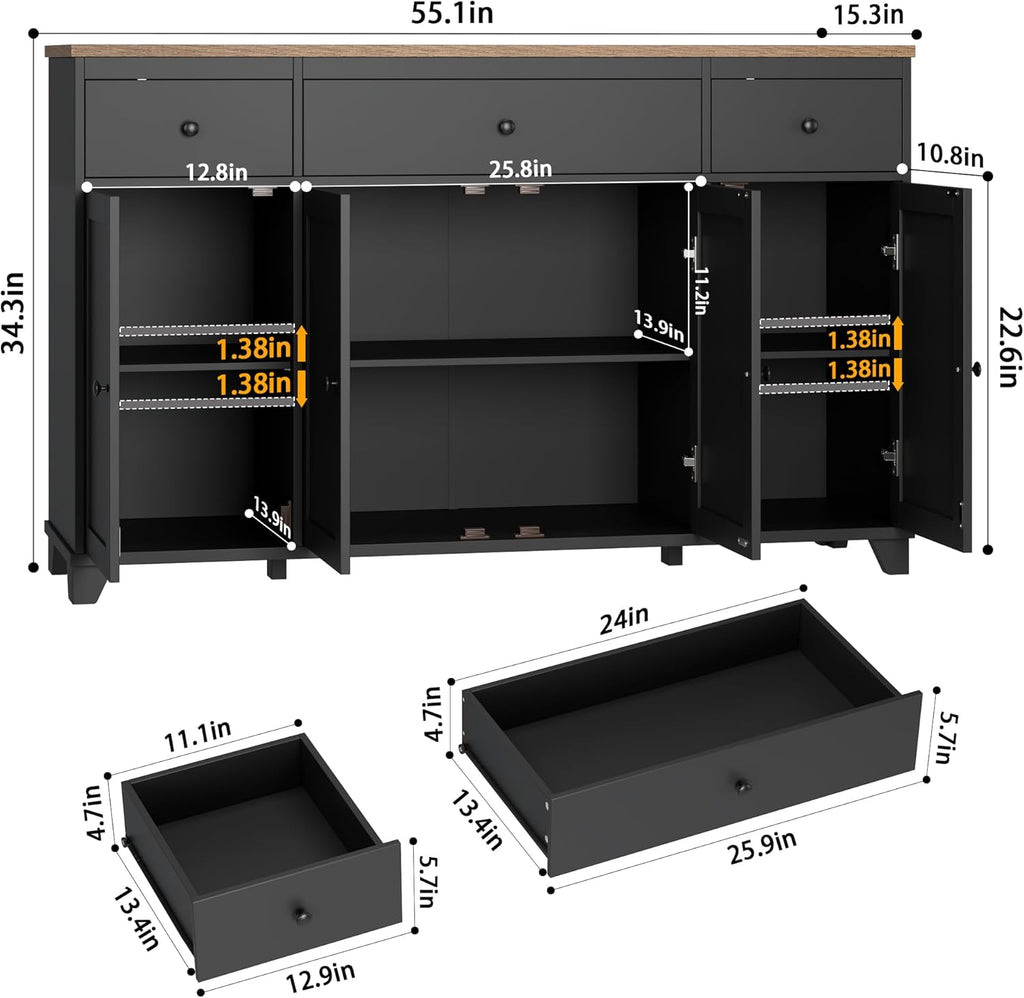 HIFIT 55" Large Kitchen Buffet Cabinet with Storage Drawers, Farmhouse Sideboard Buffet Table Storage Cabinet with Doors and Shelves, Wood Coffee Bar Cabinet for Kitchen Dining Living Room, Black