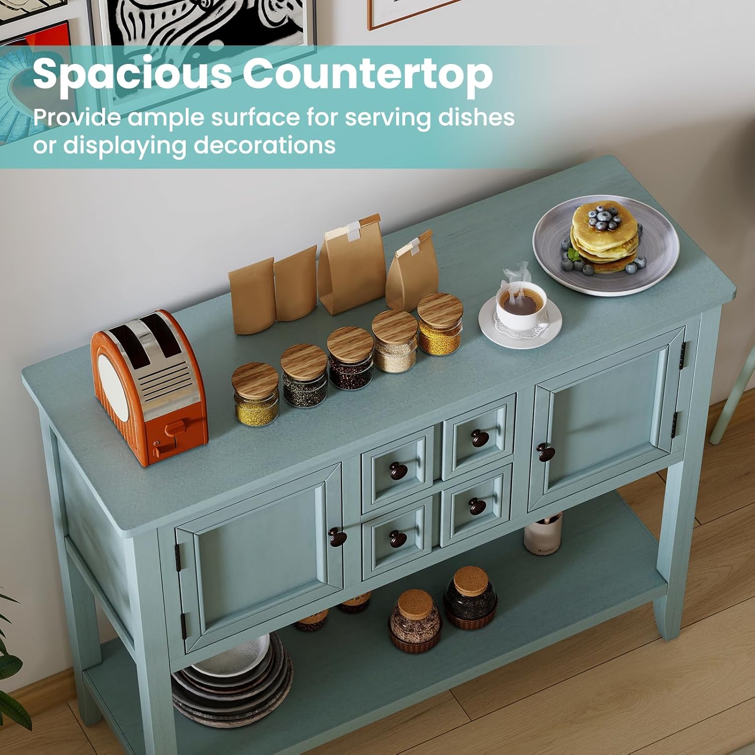 Giantex Sideboard Buffet Cabinet with Storage, 42'' Wood Credenza, Accent Coffee Bar Cabinet with Open Shelf, 2 Drawers & 2 Doors, Buffet Table for Entryway, Kitchen, Living Room, Hallway, Aqua Blue