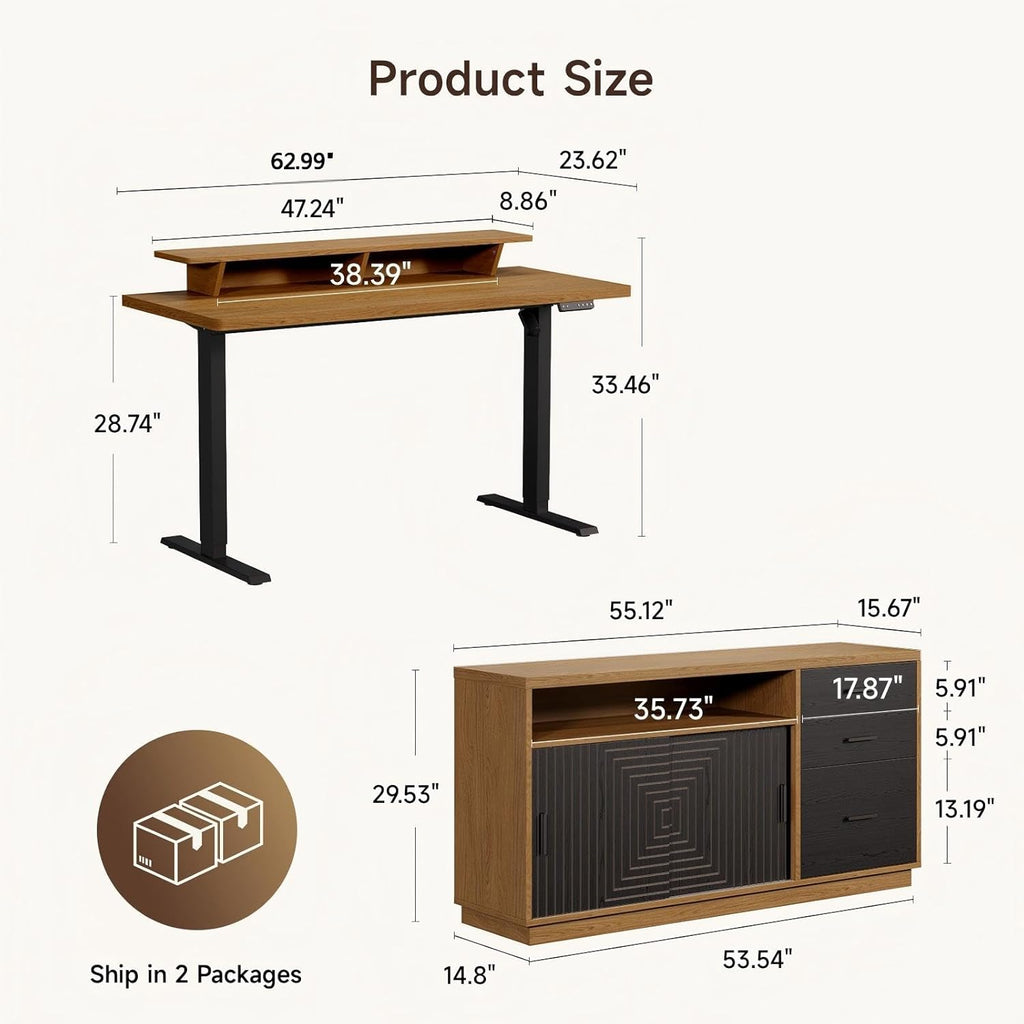 ONBRILL Home Office Furniture Set, 63'' Standing Desk with 55'' File Cabinet, Electric Height Adjustable Executive Workstation with Monitor Stand for Home Office Oak Brown
