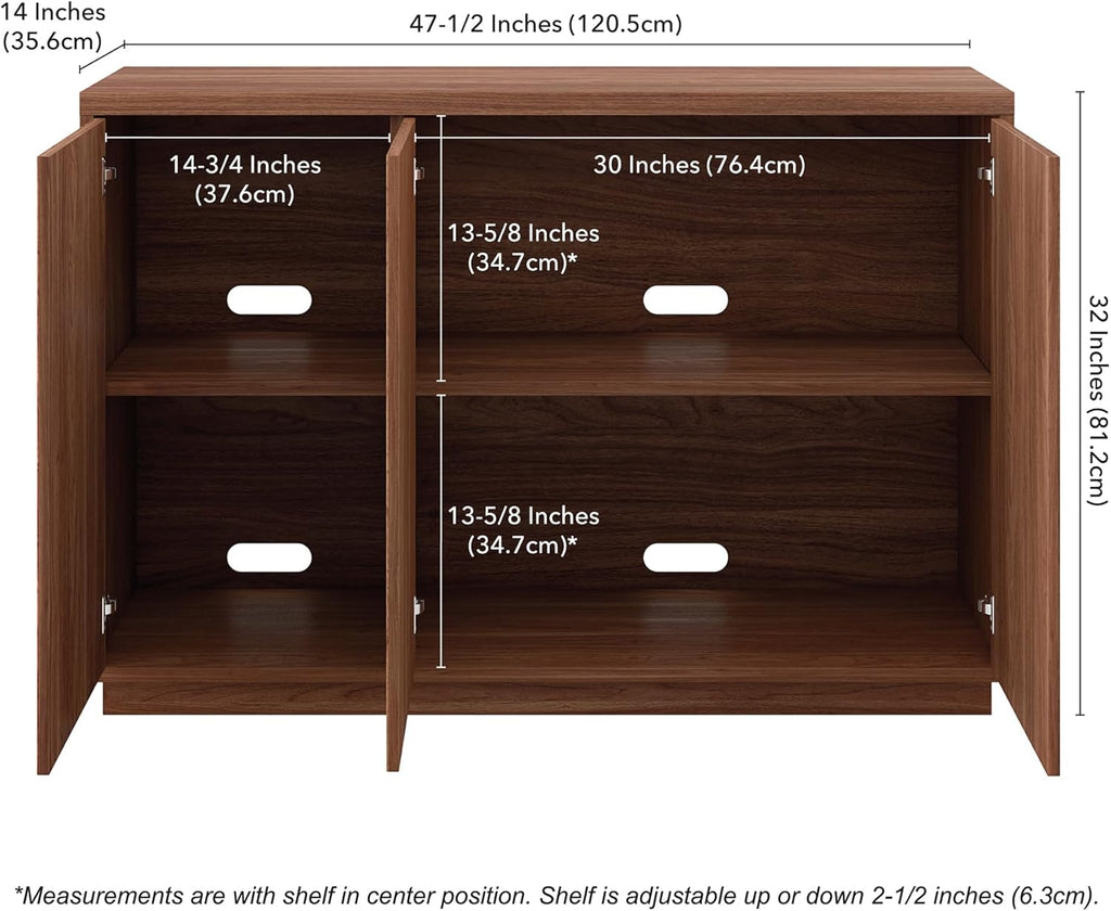 Henn&Hart 47.5'' Fluted Sideboard Buffet Cabinet, Ribbed Modern Wooden Credenza with 3 Doors, Adjustable Shelves, and Cable Management Cut-Outs for Dining Room, Kitchen or Living Room, Satin Walnut