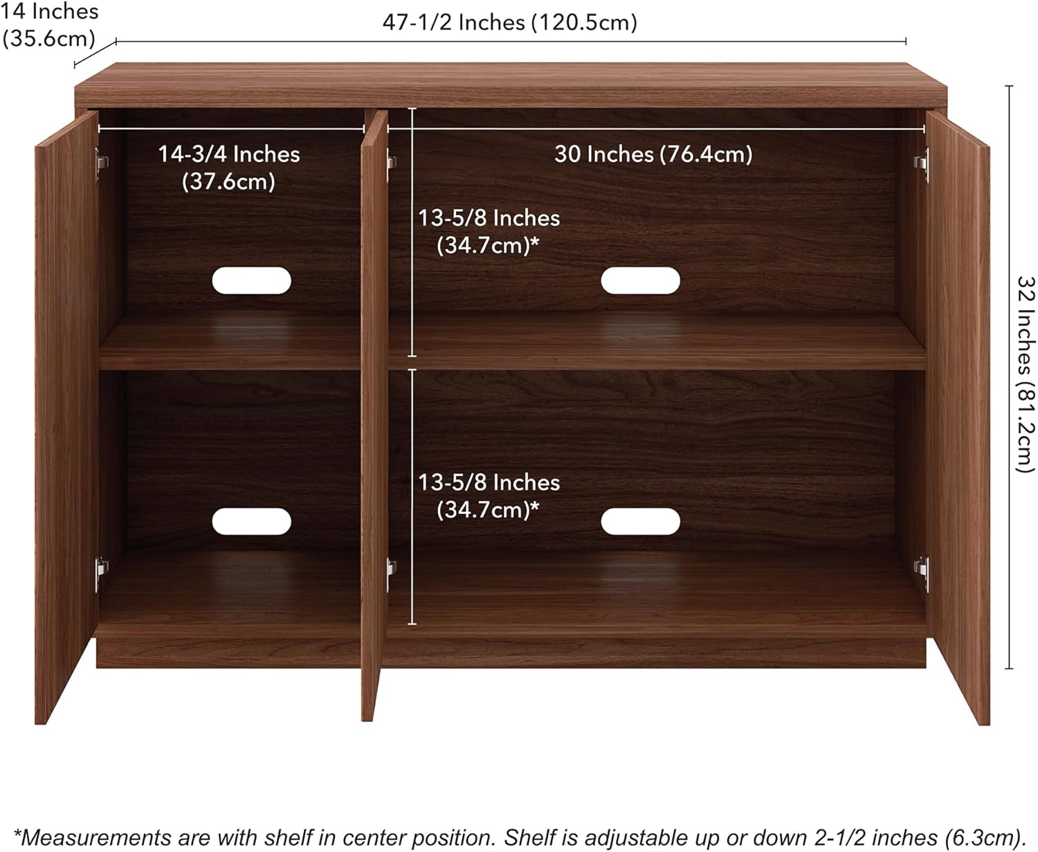 Henn&Hart 47.5'' Fluted Sideboard Buffet Cabinet, Ribbed Modern Wooden Credenza with 3 Doors, Adjustable Shelves, and Cable Management Cut-Outs for Dining Room, Kitchen or Living Room, Satin Walnut