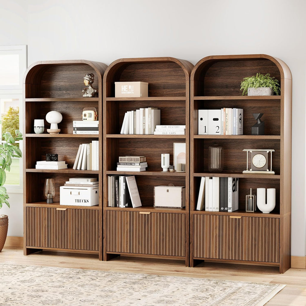 LEVNARY Arched Bookcase with Drawer, 70" Tall 5-Tier Bookshelf with Fluted Carved Drawer, Freestanding Display Storage Cabinet for Living Room Home Office (Walnut)