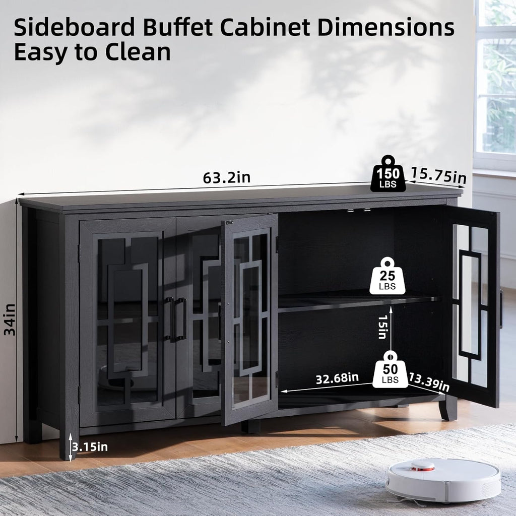 Joaxswe Large Sideboard Buffet Cabinet with Storage, 63" Black Farmhouse Kitchen Coffee Wine Bar Cabinet with 4 Glass Doors, Mid Century Modern Wooden Side Board Table for Dining Room, Living Room
