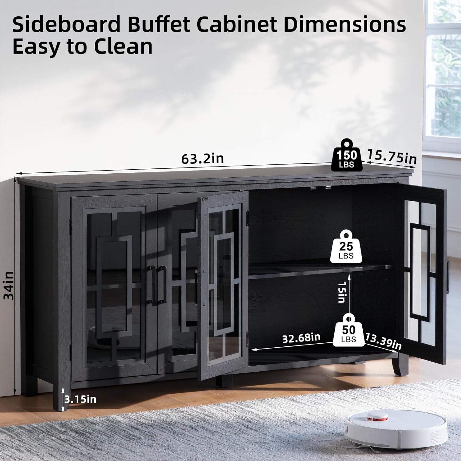 Joaxswe Large Sideboard Buffet Cabinet with Storage, 63" Black Farmhouse Kitchen Coffee Wine Bar Cabinet with 4 Glass Doors, Mid Century Modern Wooden Side Board Table for Dining Room, Living Room