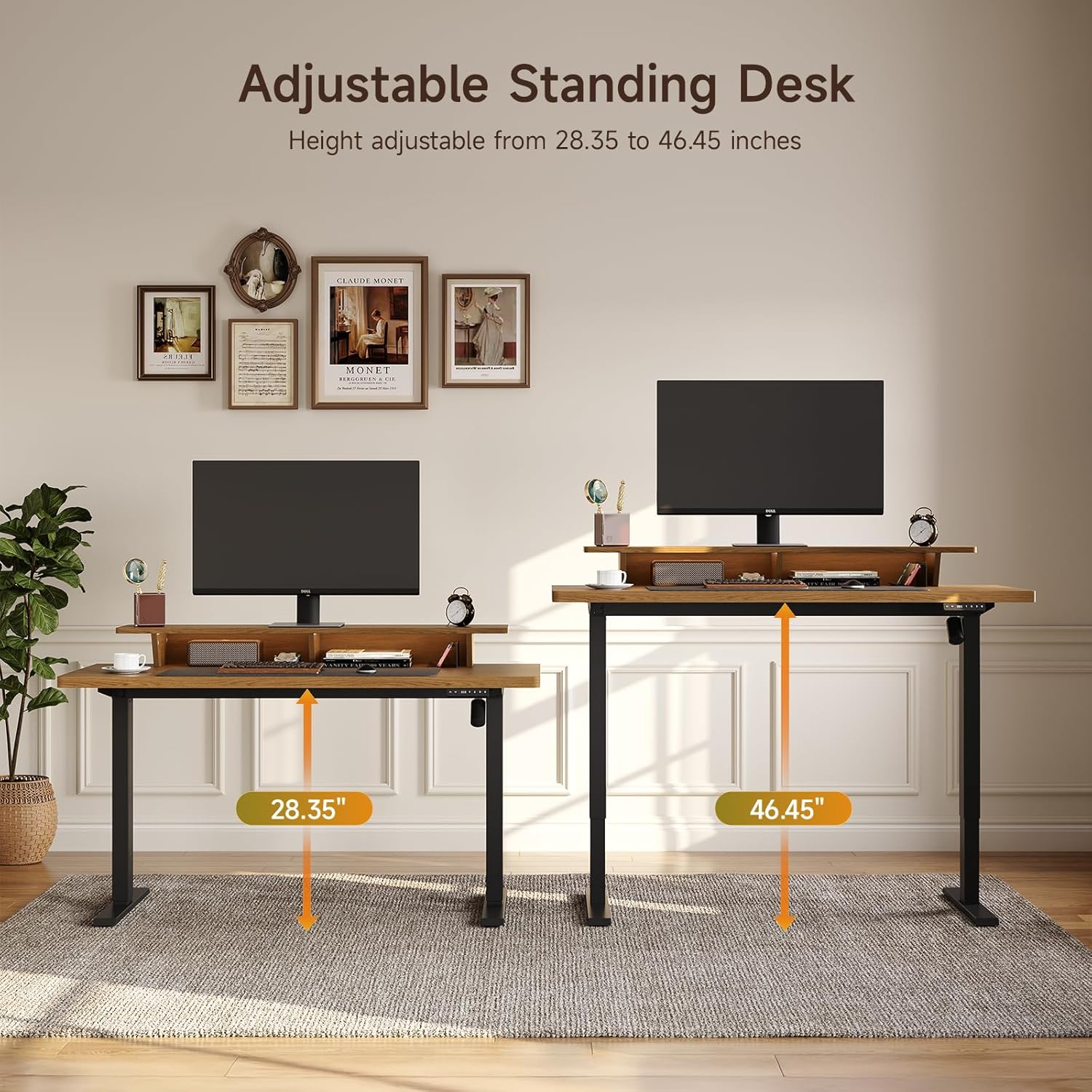 ONBRILL Home Office Furniture Set, 63'' Standing Desk with 55'' File Cabinet, Electric Height Adjustable Executive Workstation with Monitor Stand for Home Office Oak Brown