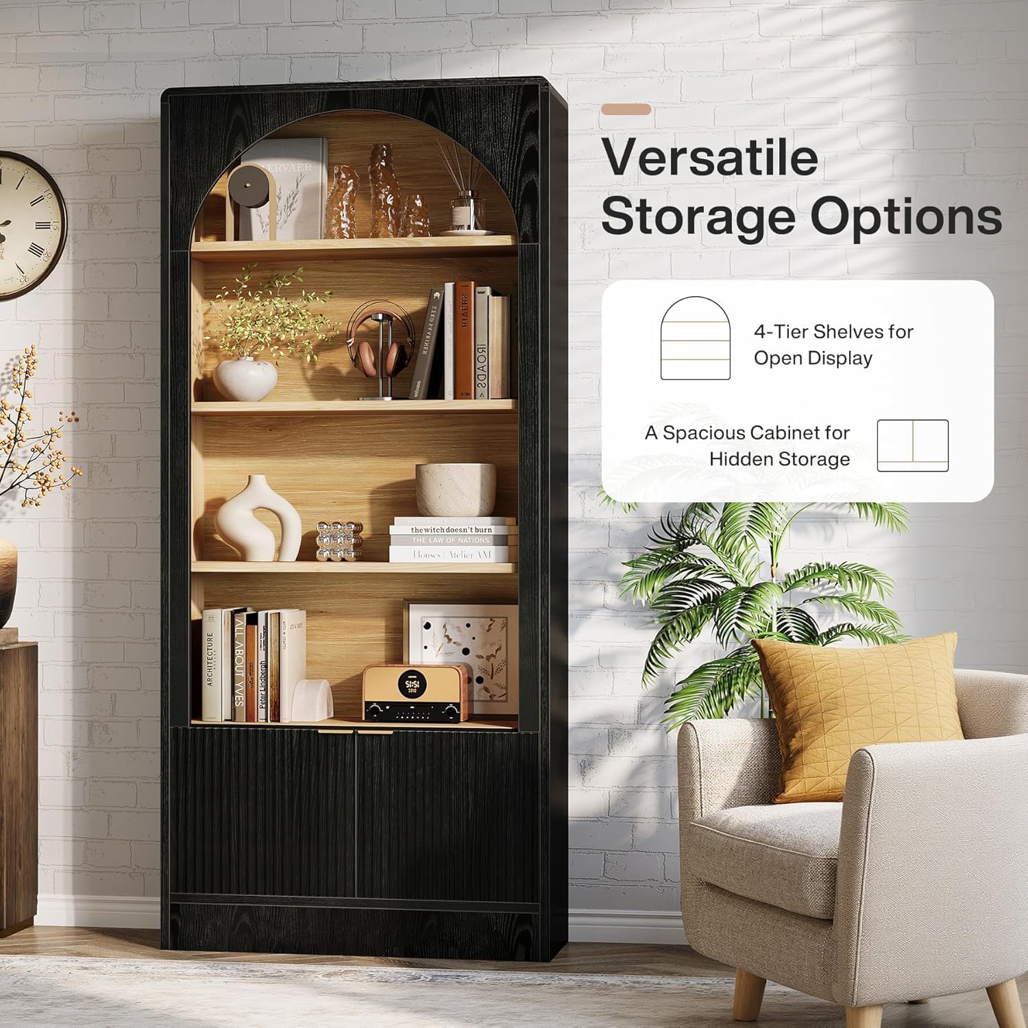 Tribesigns 71" Tall Arched Bookcase, 5-Tier Black Bookshelf with Storage Cabinet, Modern Freestanding Wooden Bookshelves Open Display for Living Room, Home Office, Study