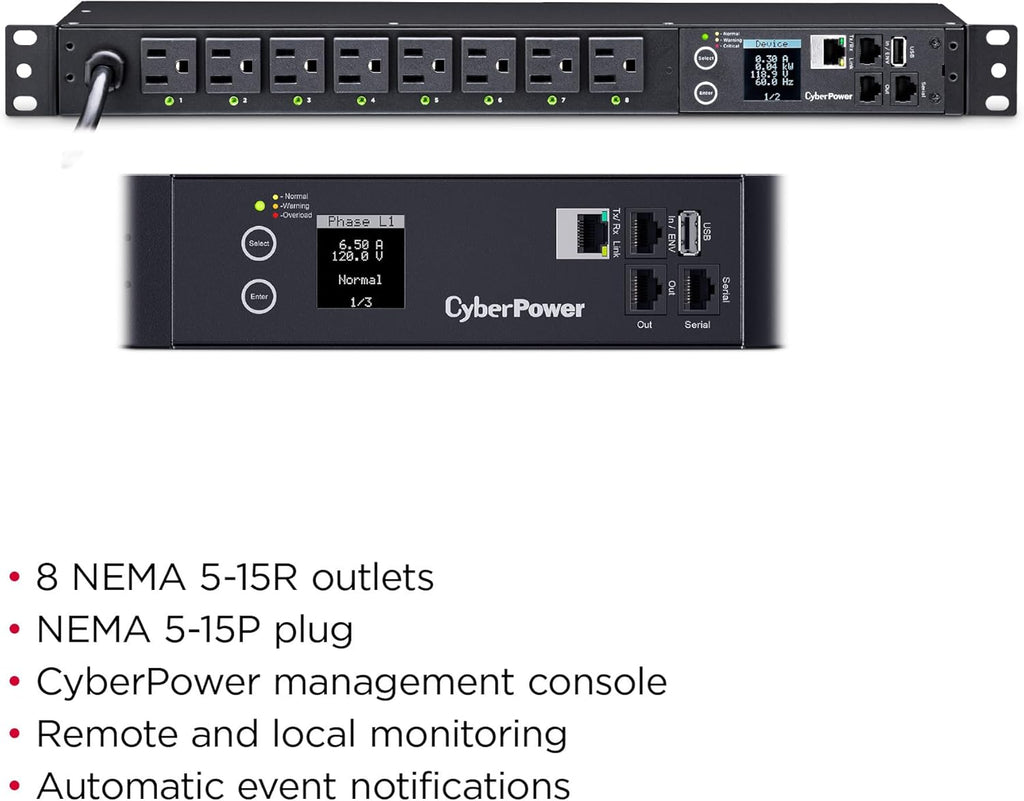 CyberPower PDU41001 Switched PDU, 100-120V/15A (Derated to 12A), 8 Outlets, 1U Rackmount