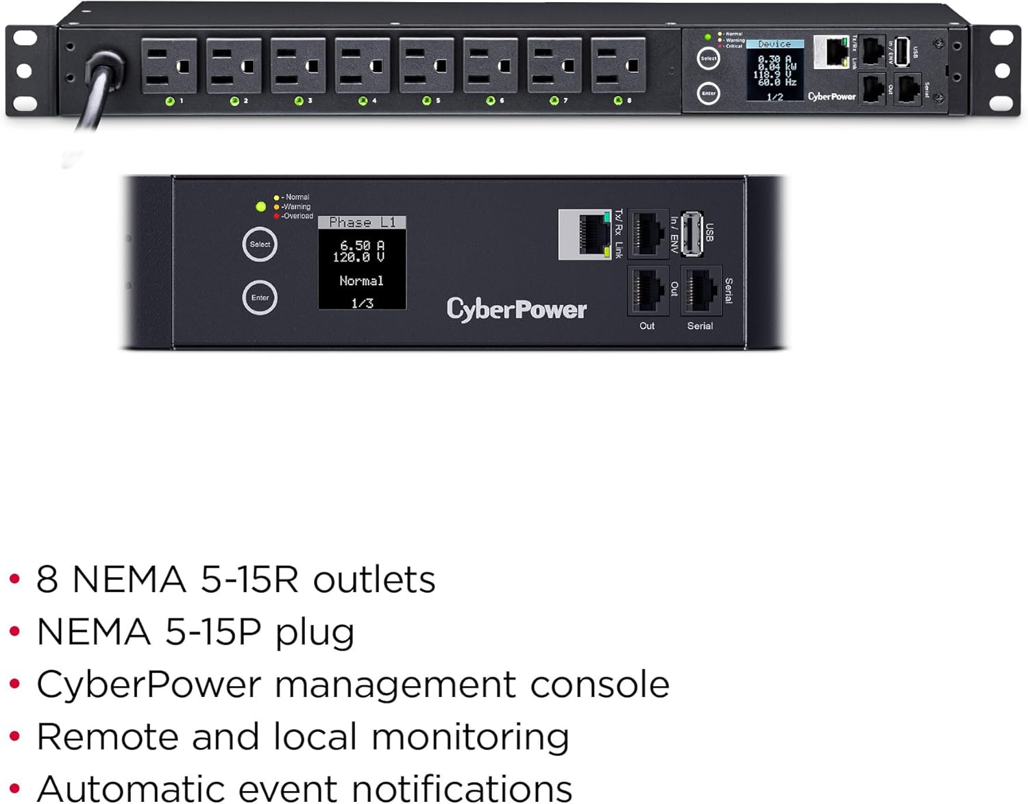 CyberPower PDU41001 Switched PDU, 100-120V/15A (Derated to 12A), 8 Outlets, 1U Rackmount