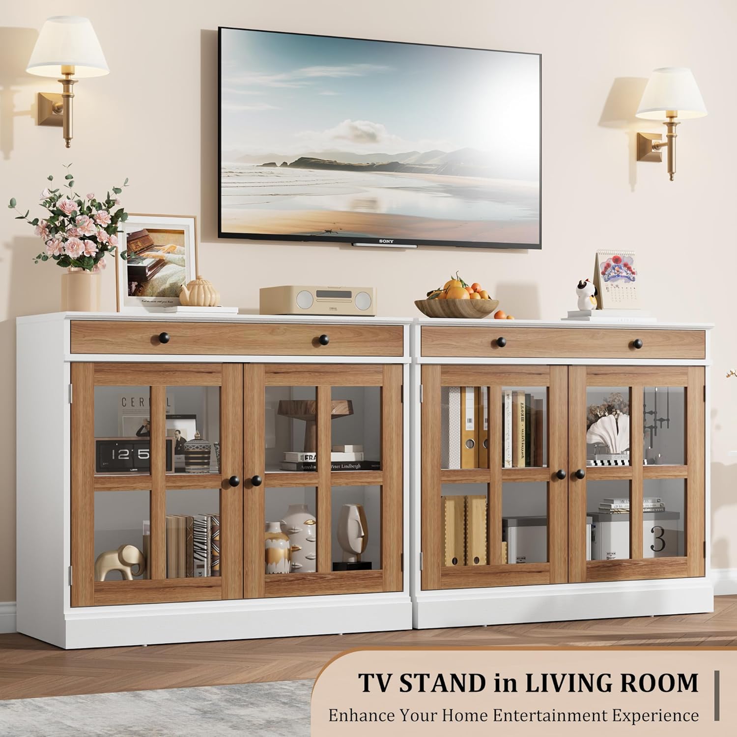 GarveeHome 35.4 in Sideboard Buffet Cabinets with Glass Door, Buffet Cabinet with Storage, White&Brown Sideboard Cabinet with Drawer, Modern Buffets & Sideboards for Dining Room, Kitchen