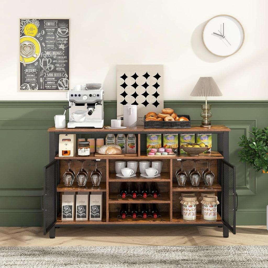 Giantex Coffee Bar Cabinet for Liquor and Glasses, 55' Buffet Sideboard with 8-Bottle Wine Racks, 6 Rows of Wine Glass Holders, Mesh Doors, Bar Cabinet for Kitchen, Dining Room, Living Room (Brown)