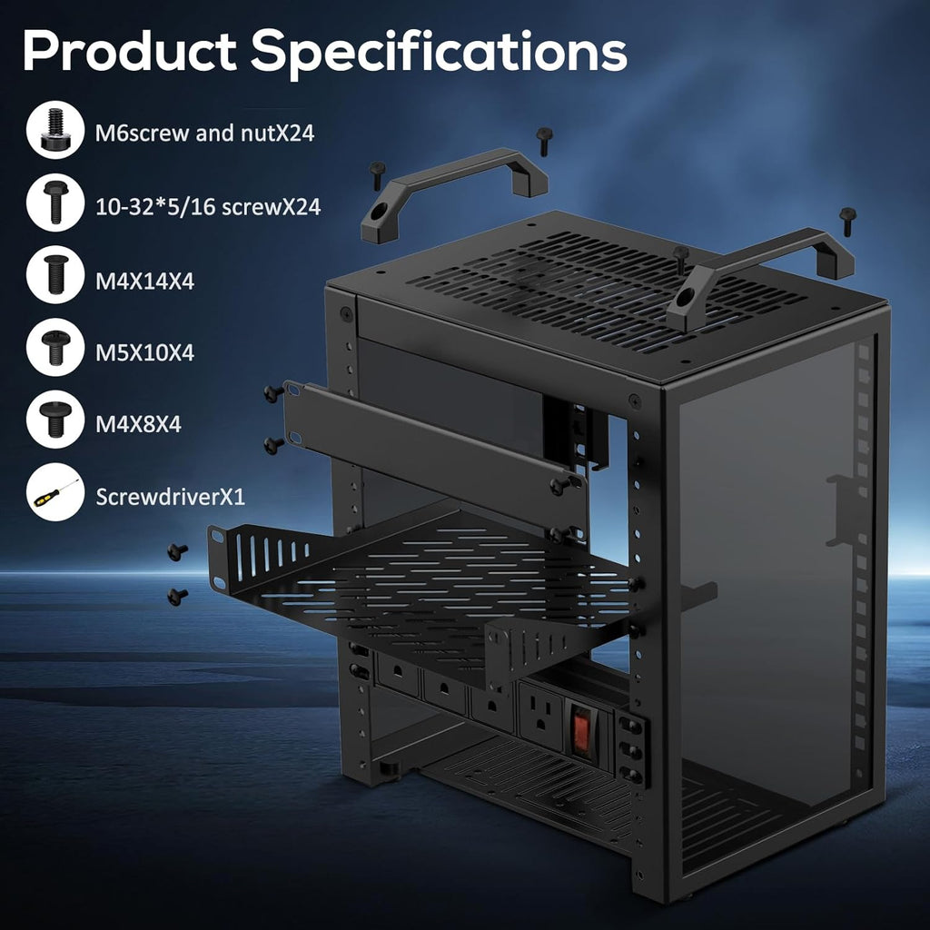 6U Network Rack Unit with Rack-Mounted PDU Power Outlets, a 10-inch Mini Server Rack, and a Depth of 7.87 inches. Suitable for IT Equipment, Networks, Servers, Audio and Video Equipment.