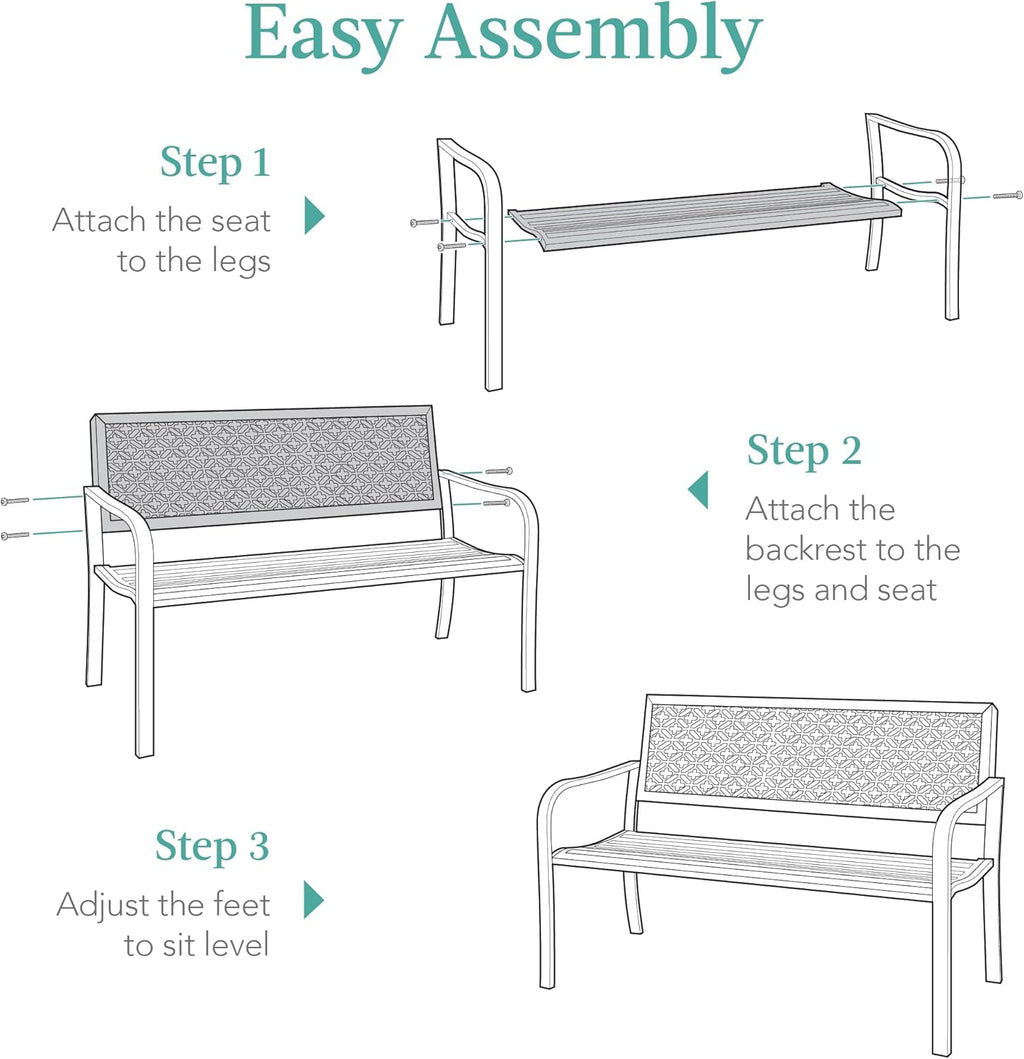 Best Choice Products Outdoor Bench 2-Person Metal Steel Benches Furniture for Garden, Patio, Porch, Entryway w/Geometric Backrest, 790lb Capacity – Black