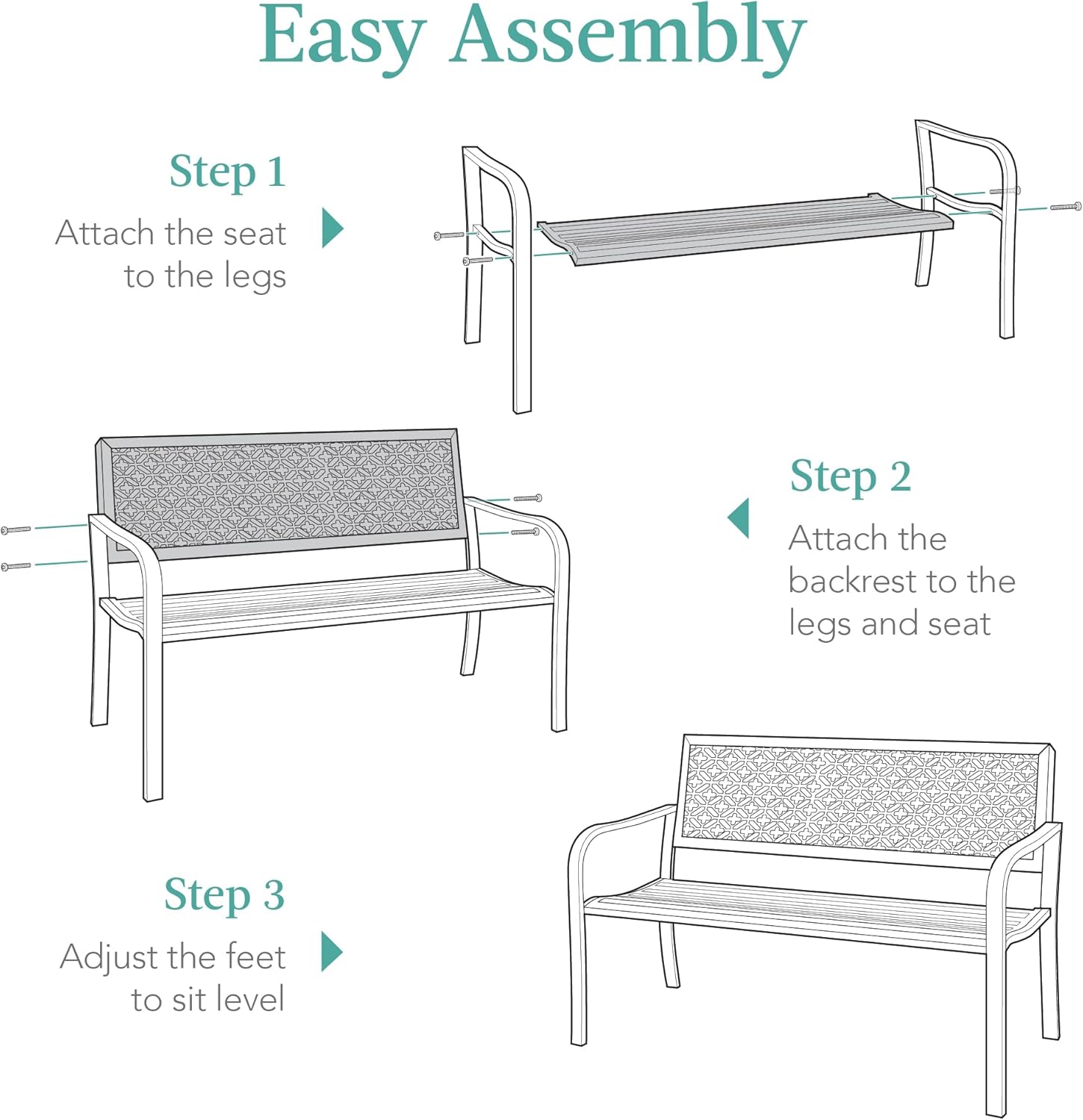 Best Choice Products Outdoor Bench 2-Person Metal Steel Benches Furniture for Garden, Patio, Porch, Entryway w/Geometric Backrest, 790lb Capacity – Black