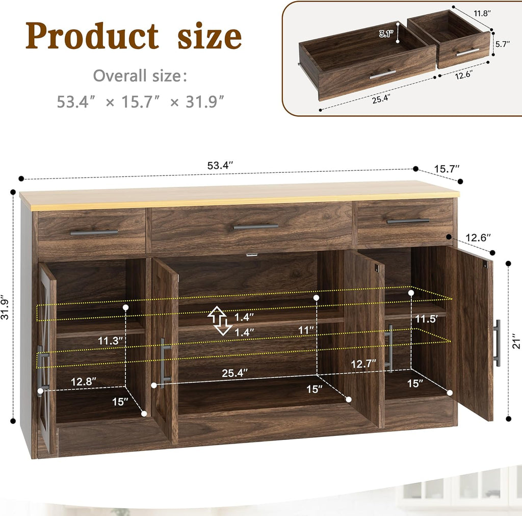 Vongrasig Buffet Cabinet with Drawers, 53” Large Sideboard Buffet Kitchen Storage Cabinet, Modern Farmhouse Coffee Bar with Shelves and Doors, Wood Buffet Table for Kitchen, Dining Room, Rustic Brown