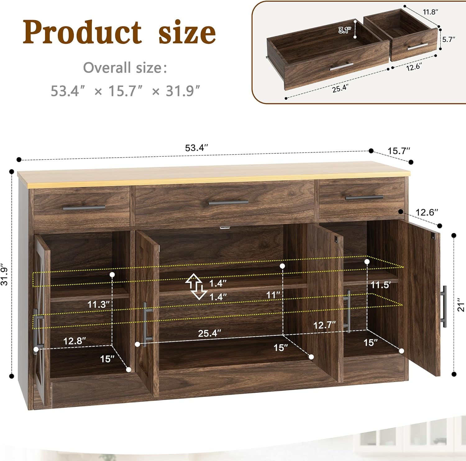 Vongrasig Buffet Cabinet with Drawers, 53” Large Sideboard Buffet Kitchen Storage Cabinet, Modern Farmhouse Coffee Bar with Shelves and Doors, Wood Buffet Table for Kitchen, Dining Room, Rustic Brown