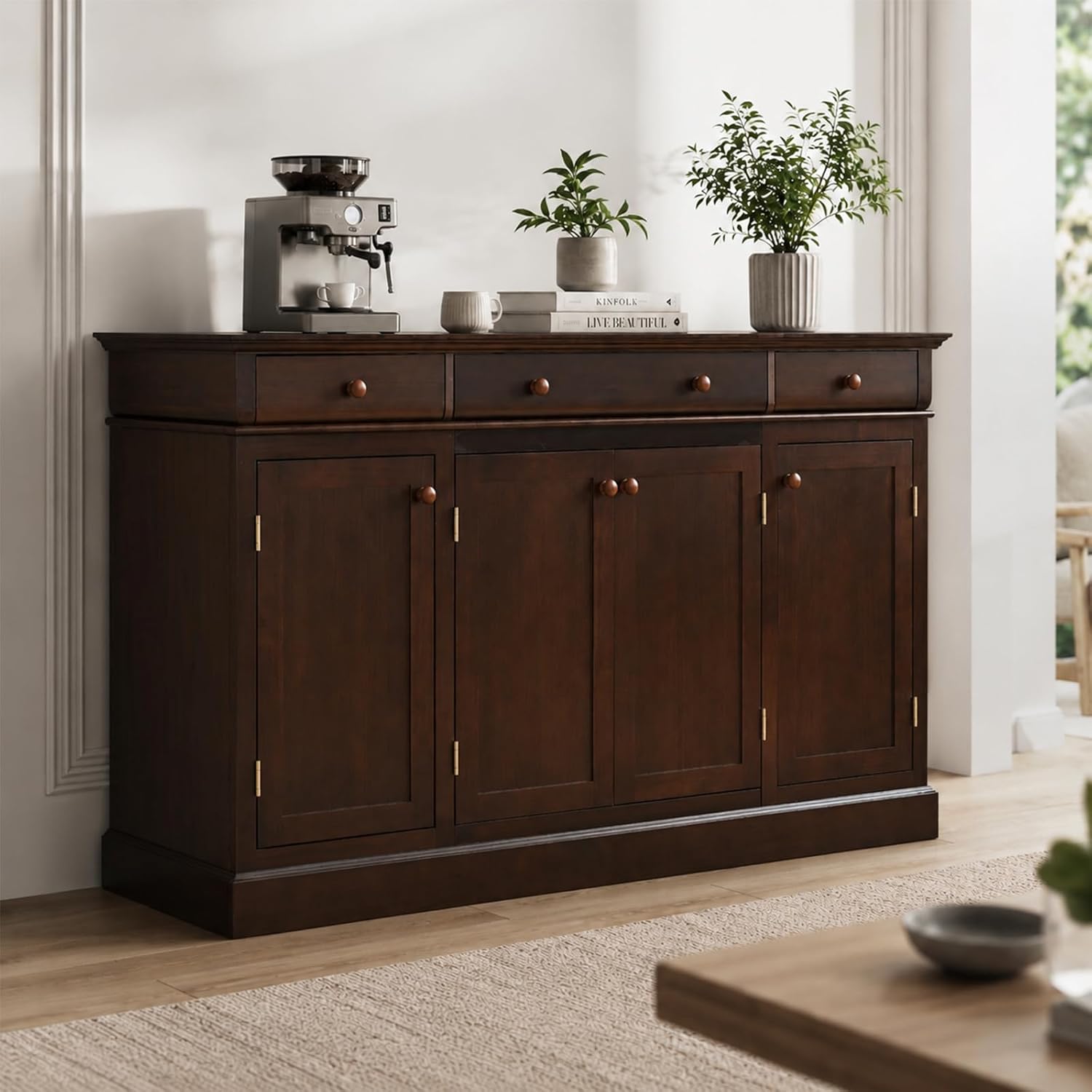 60 Inch Sideboard Buffet Cabinet with Storage, Farmhouse Credenza with 4 Doors and 3 Drawers, Wood Kitchen Coffee Bar with Adjustable Shelves for Dining Room, Living Room (Walnut)
