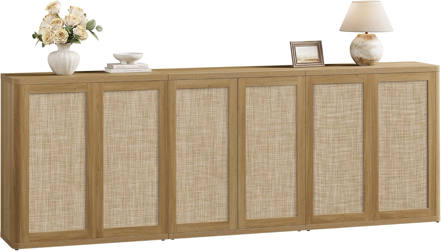 SICOTAS Rattan Sideboard Buffet Console Table - 95” Larger Modular Credenza Stand, 3 Pieces Boho Coffee Bar Cabinet with Storage & Adjustable Shelves for Hallway, Living Room, Dining Room