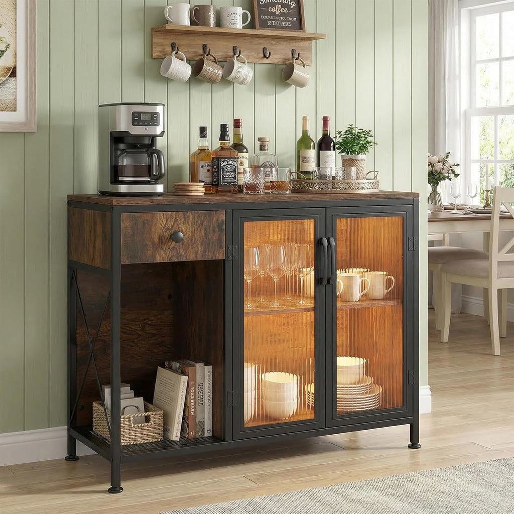 Giantex Buffet Sideboard with Power Outlets and LED Light, Industrial Kitchen Storage Cabinet with Drawer and Doors, Coffee Bar Table for Dining Room, Rustic Brown