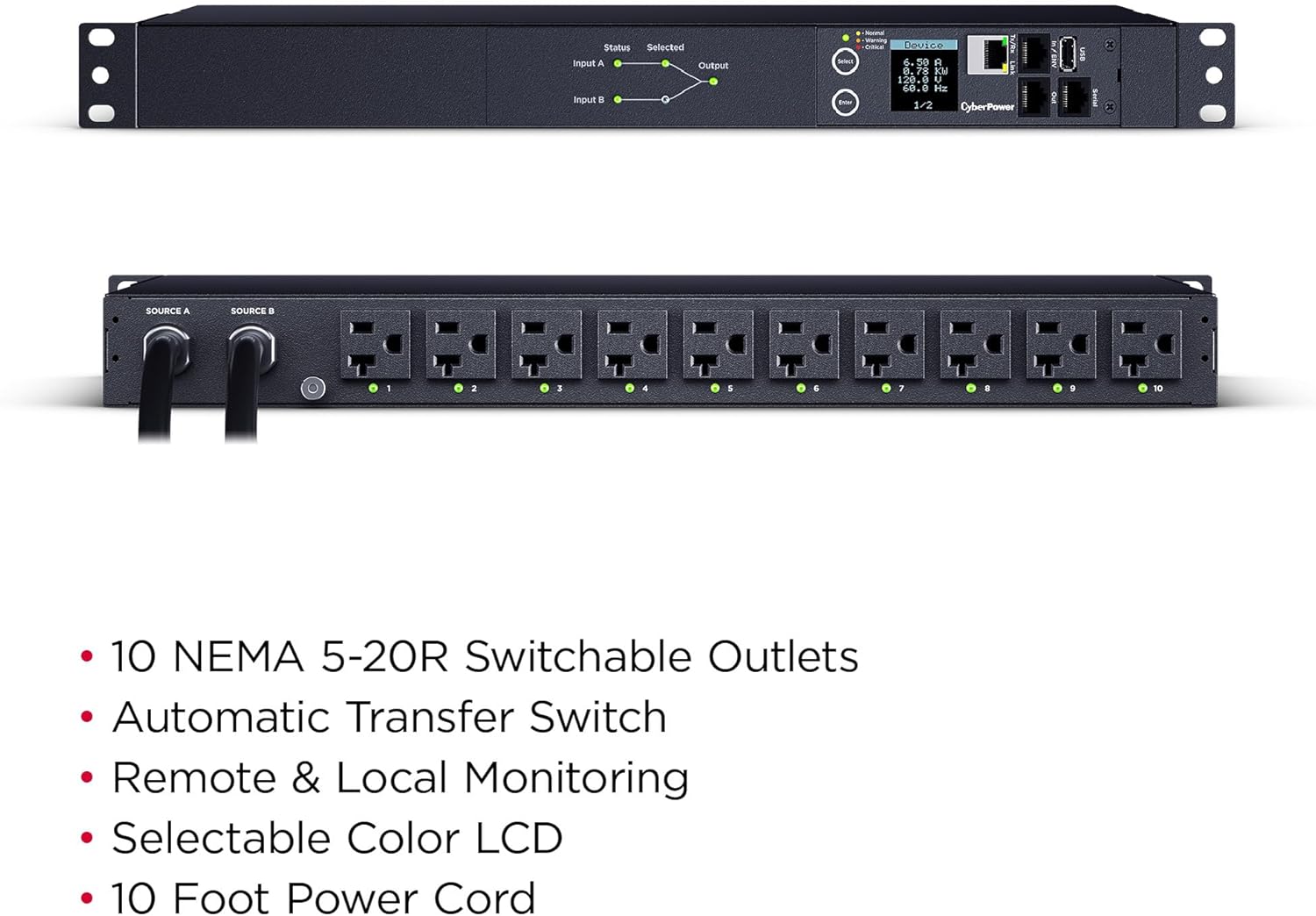CyberPower PDU44002 Switched ATS PDU, 100-120V, 20A (Derated to 16A), 10 Outlets, 1U Rackmount