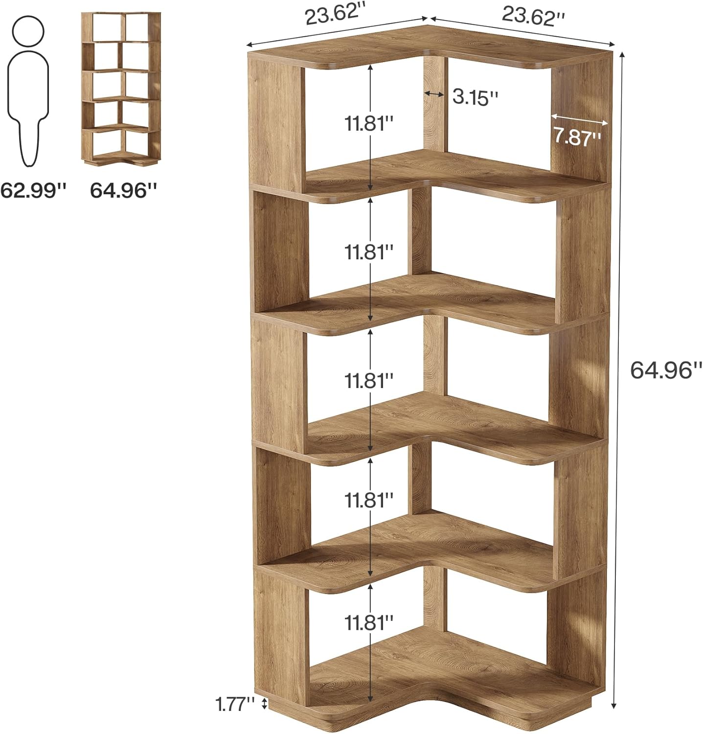 Tribesigns 6 Tier Corner Bookshelf, 64.9 Inches Tall L Shaped Bookcase with Anti-Drop Panel, Freestanding Wood Grain Shelf Display Rack Storage Organizer for Home Office (Light Brown)