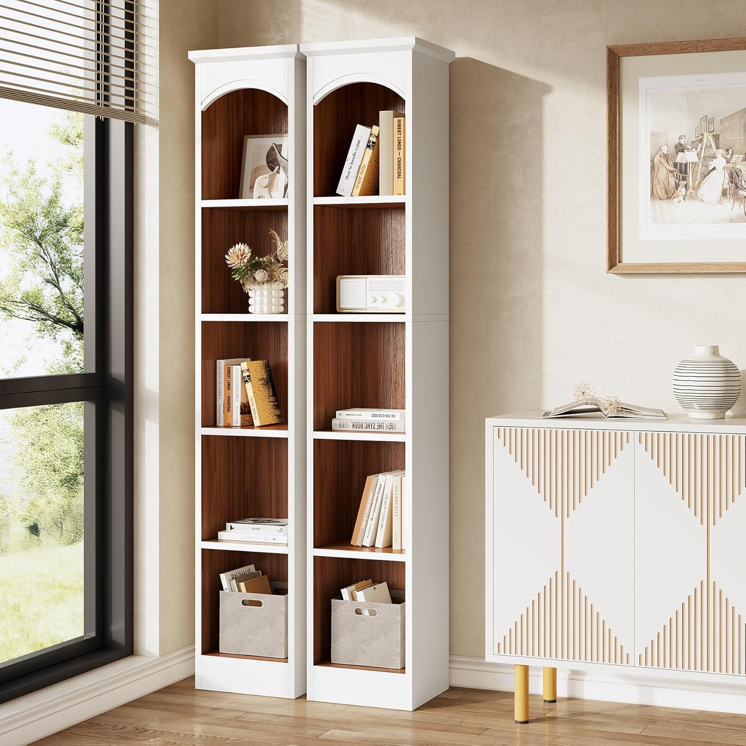 LITTLE TREE 70.9" Tall Bookshelf, 5-Tier Open Bookcase with Cubes, Bookshelves with Storage Space, Freestanding Narrow Bookcase for Home Office, White, 2 Pack