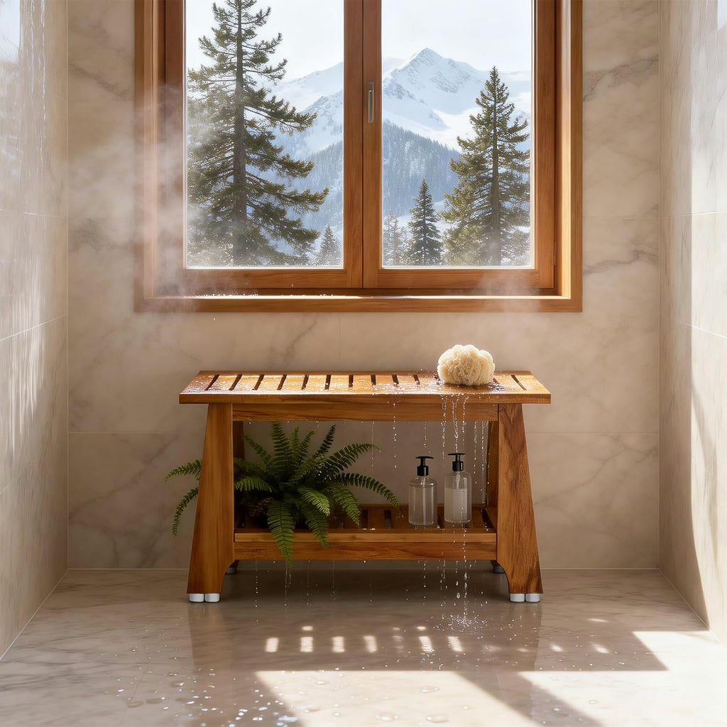 NNN 30" Commercial Teak Shower Bench - 8 Non-Slip Leveling Feet & 350 lbs Capacity | Rock-Solid Stability for Seniors & Spa Safety | Waterproof Design for Saunas/Outdoor Pools (Patented)