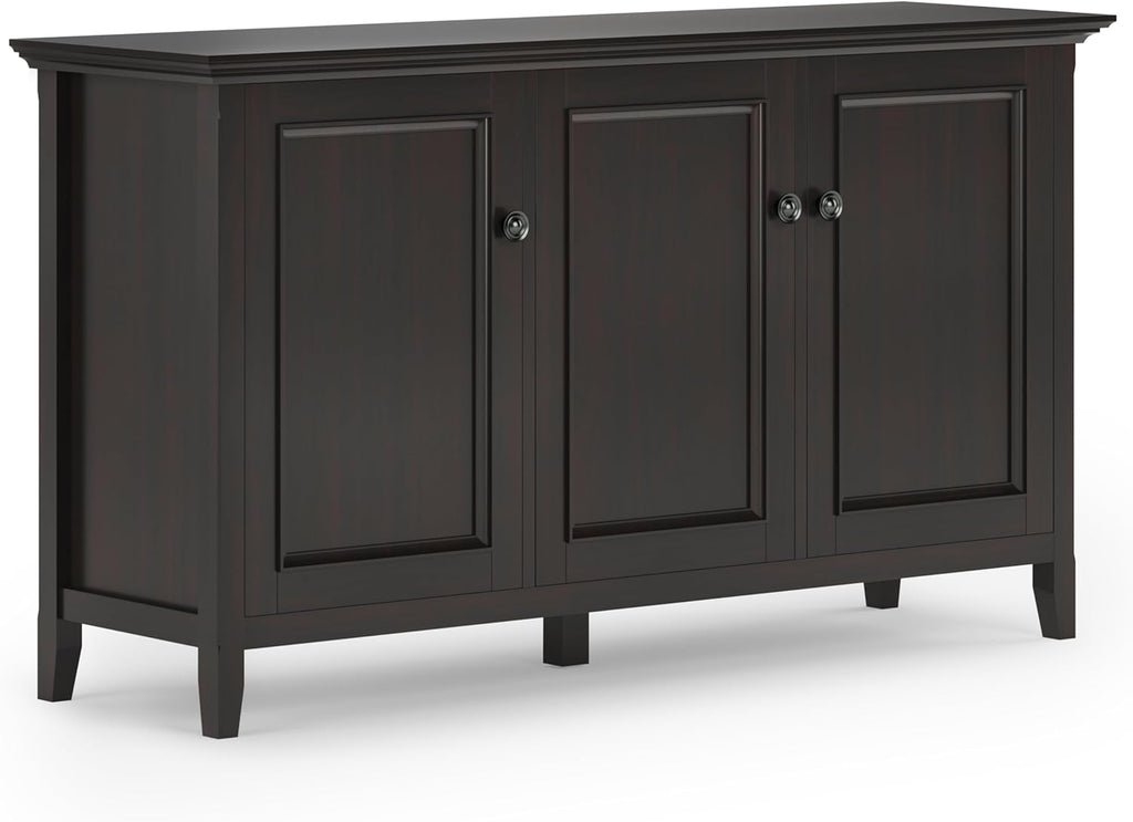 SIMPLIHOME Amherst 60-inch Wide Solid Wood 3-Door Storage Cabinet in Hickory Brown, Transitional-Style Buffet Sideboard for Living Room, Dining Room or Entryway