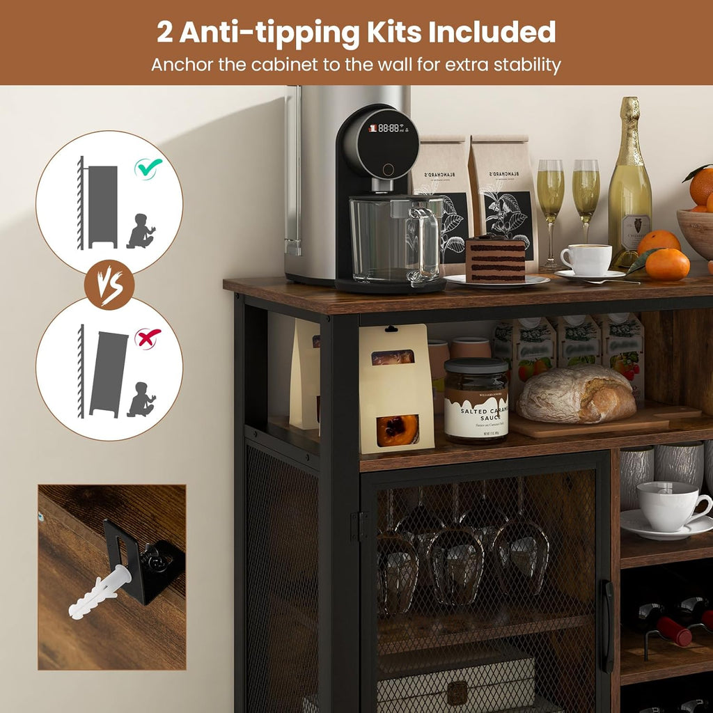 Giantex Coffee Bar Cabinet for Liquor and Glasses, 55' Buffet Sideboard with 8-Bottle Wine Racks, 6 Rows of Wine Glass Holders, Mesh Doors, Bar Cabinet for Kitchen, Dining Room, Living Room (Brown)