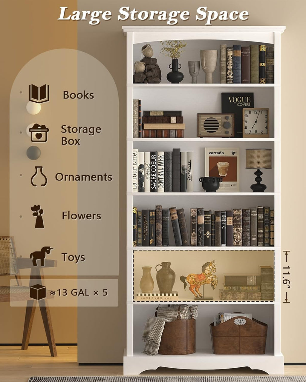TVU 6-Tier Wooden Bookshelf, 76 Inch Tall Bookshelf with Storage, Floor Standing Modern Style Display Bookcase for Living Room, Office, Study Room, Entryway, White