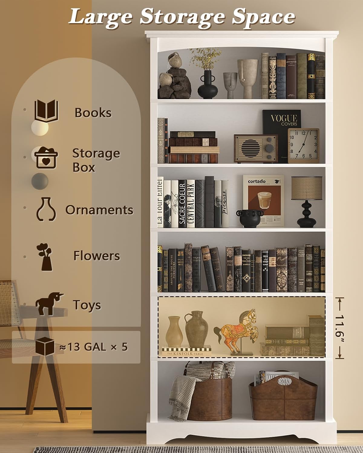 TVU 6-Tier Wooden Bookshelf, 76 Inch Tall Bookshelf with Storage, Floor Standing Modern Style Display Bookcase for Living Room, Office, Study Room, Entryway, White