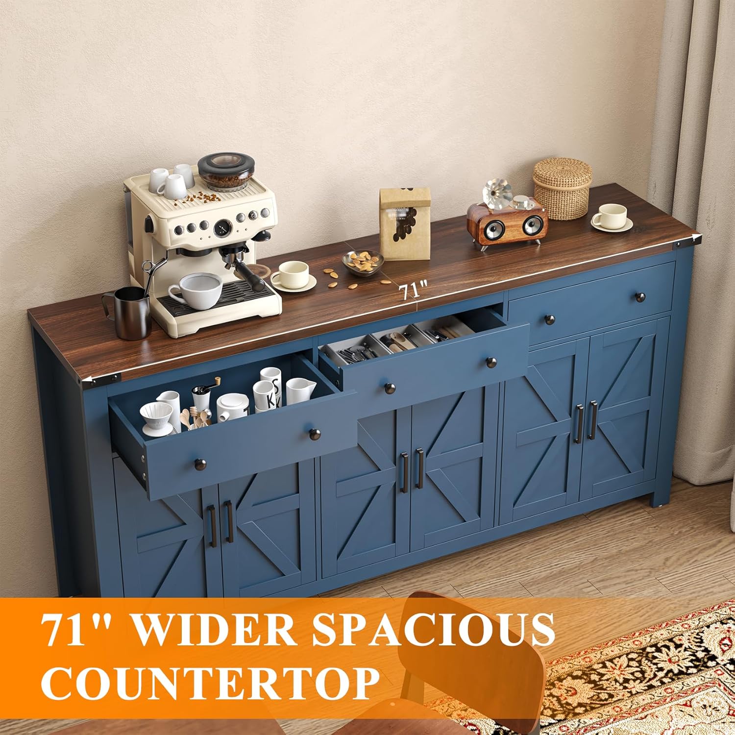 VVFLU 71" Large Sideboard Buffet Cabinet with Storage, Modern Farmhouse Coffee Bar with 3 Drawers and 6 Barn Doors, Dining Room Storage Cabinet, for Kitchen, Living Room, White Wood, Blue Wood