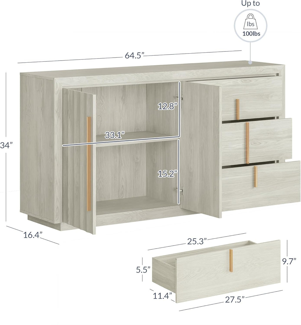BELLEZE 64” Sideboard Buffet Cabinet, Modern Fluted Door Console Table with 3 Drawers and Adjustable Shelves, Accent Storage Cabinet for Entryway, Living Room & Dining Room - White Sand