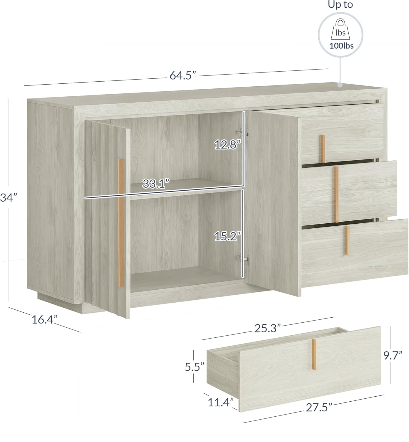BELLEZE 64” Sideboard Buffet Cabinet, Modern Fluted Door Console Table with 3 Drawers and Adjustable Shelves, Accent Storage Cabinet for Entryway, Living Room & Dining Room - White Sand