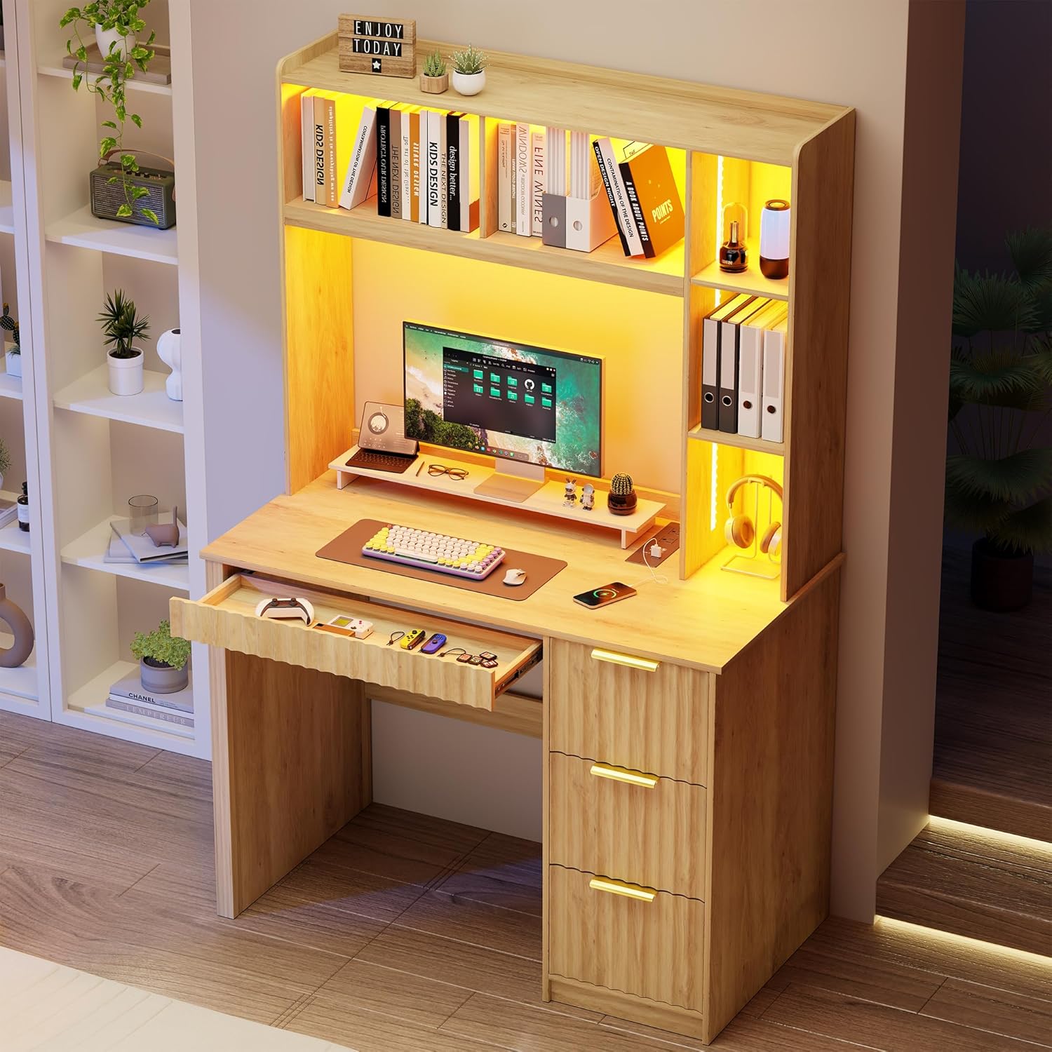 HNEBC Home Office Desk with Hutch and Drawers - 39" Standing Computer Desk with Charging Station&3 Color Lights,Hidden Compartment & Fluted Panel Design, LED Writing Desk for Bedroom, Study (Natural)