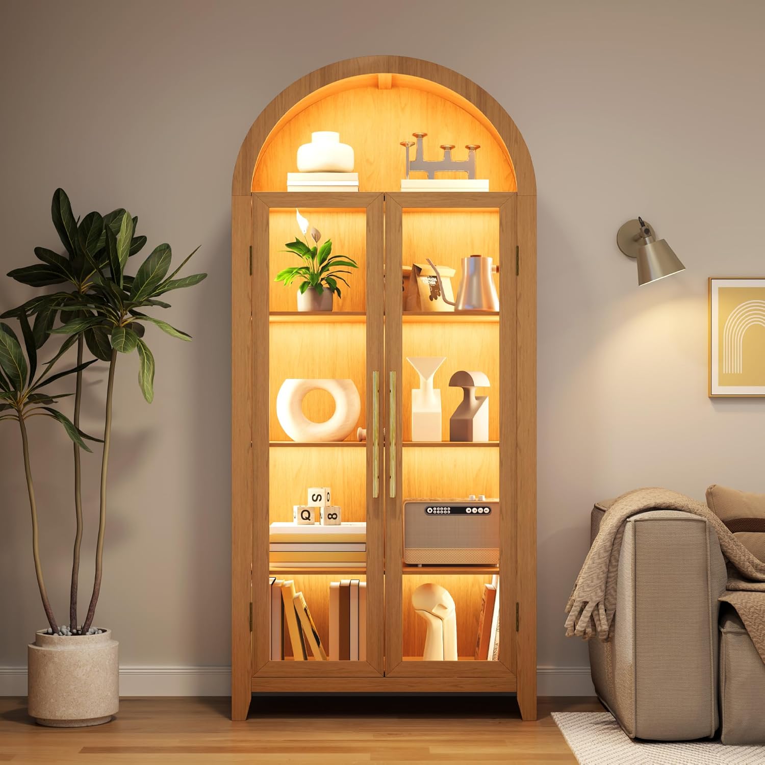 71" Arched Kitchen Pantry Storage Cabinet with Glass Doors, 5-Tier Display Cabinets for Collectibles, Arched Tall Bookcase with LED Light & Human Sensor, Curio Cabinet with Adjustable Shelf