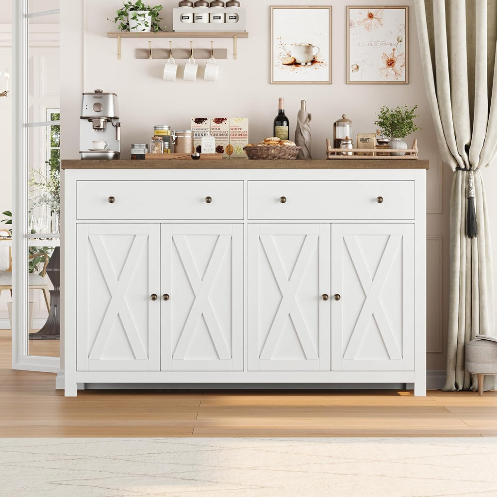 FOTOSOK Sideboard Buffet Cabinet with Storage, 55" Large Kitchen Storage Cabinet with 2 Drawers and 4 Doors, Wood Coffee Bar Buffet Table Console Table for Kitchen Dining Room, White