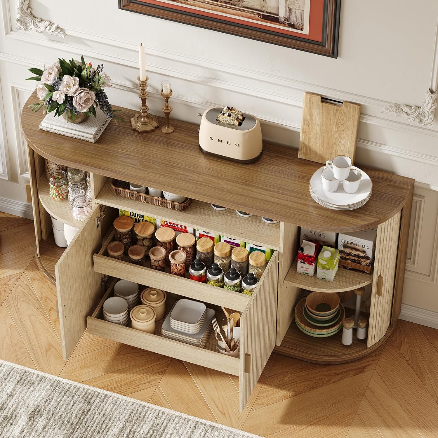 63" Sideboard Buffet Cabinet with Storage, Modern Fluted Accent Credenza with Sliding Doors, Drawers and Adjustable Shelves, Wood Coffee Bar Console Table for Kitchen, Living Room, Enrtyway (Oak)