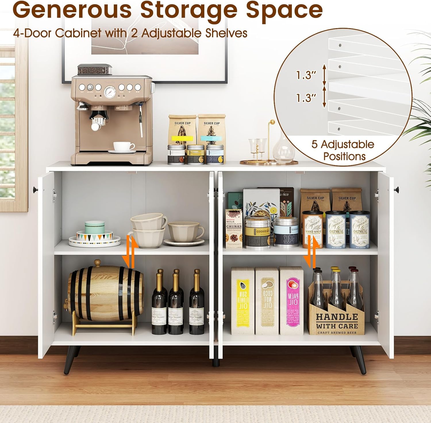 Giantex Sideboard Buffet Cabinet, 50'' Accent Kitchen Storage Cabinet with 4-Door & 5-Position Adjustable Shelves, Modern White Sideboard with 5 Support Legs, Buffet Table for Coffee Bar, Living Room